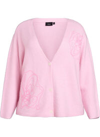 Cardigan med V-hals og broderte blomster, Rosa Cardigan med V-hals og broderte blomster