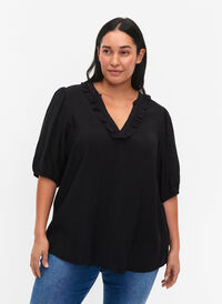 Viskosebluse med puffermer og volanger, Black, Model