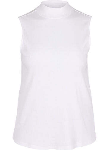 Høyhalset topp i bomull med ribbet struktur, Bright White, Packshot image number 0