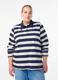 Langermet poloskjorte med brede striper, Blå Langermet poloskjorte med brede striper, Blå, Model