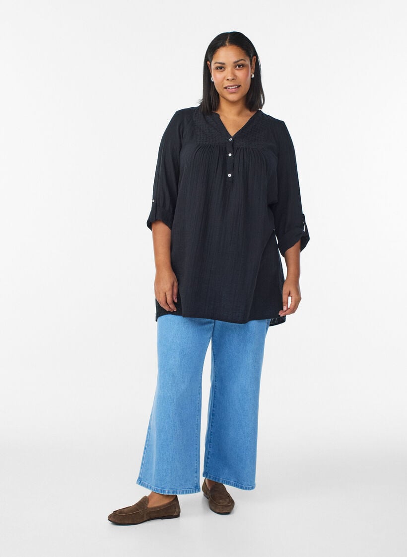 Bomullsmuslin tunika med broderie anglaise, Svart, Model image number 1