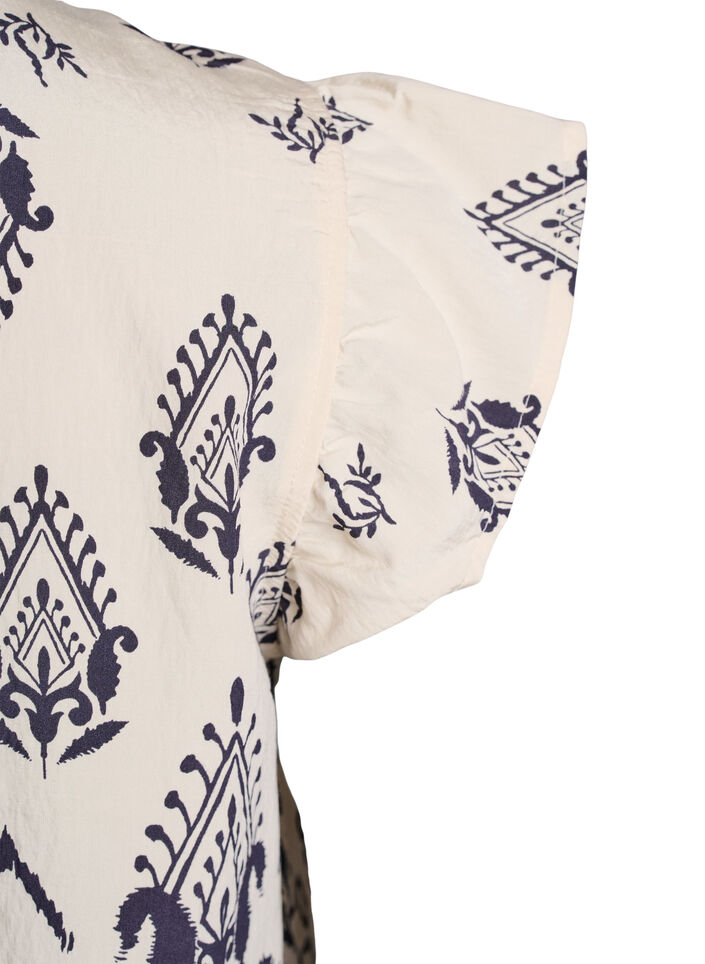Ermeløs bluse med volanger og trykk, Birch Black AOP, Packshot