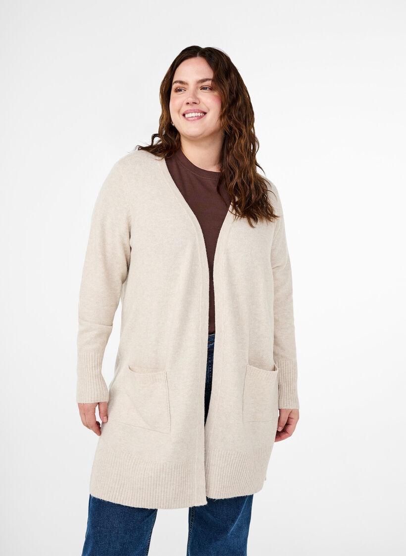 Ribbestrikket cardigan med lommer, Beige, Model image number 0