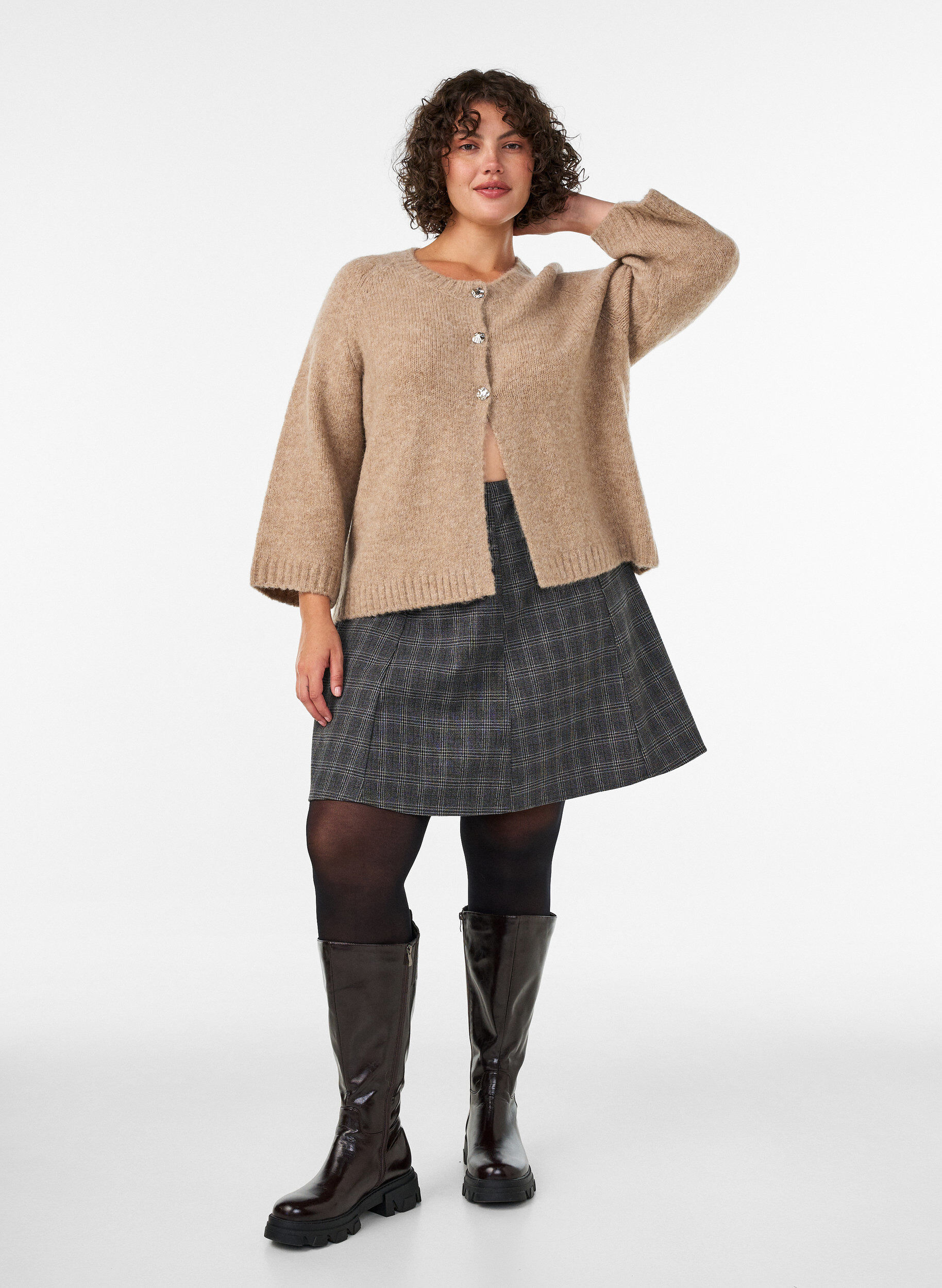 ZizziCardigan i ullblanding med 3/4 ermer, Beige, Model image number 1