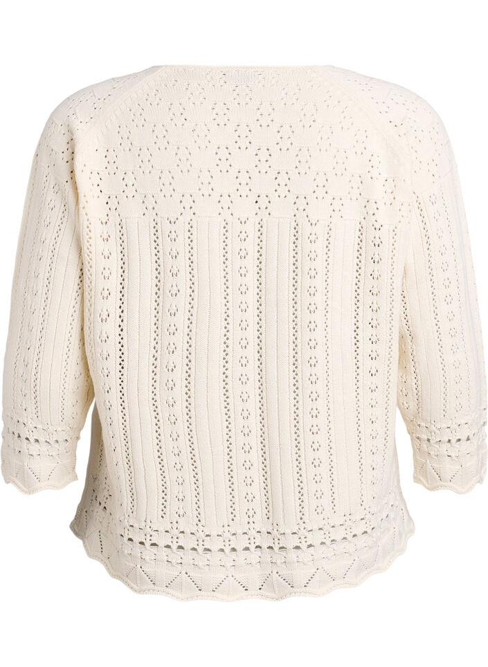 Strikket topp med hullbroderi og 3/4 ermer, Beige, Packshot image number 1