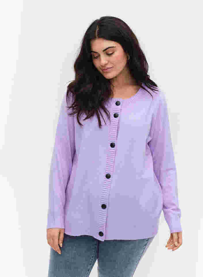 Kort strikket cardigan med kontrastfargede knapper, Purple Rose Mel., Model image number 0