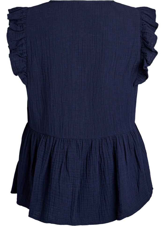 Ermel&oslash;s bluse i bomullsmusselin med volanger, Bl&aring;, Packshot image number 1