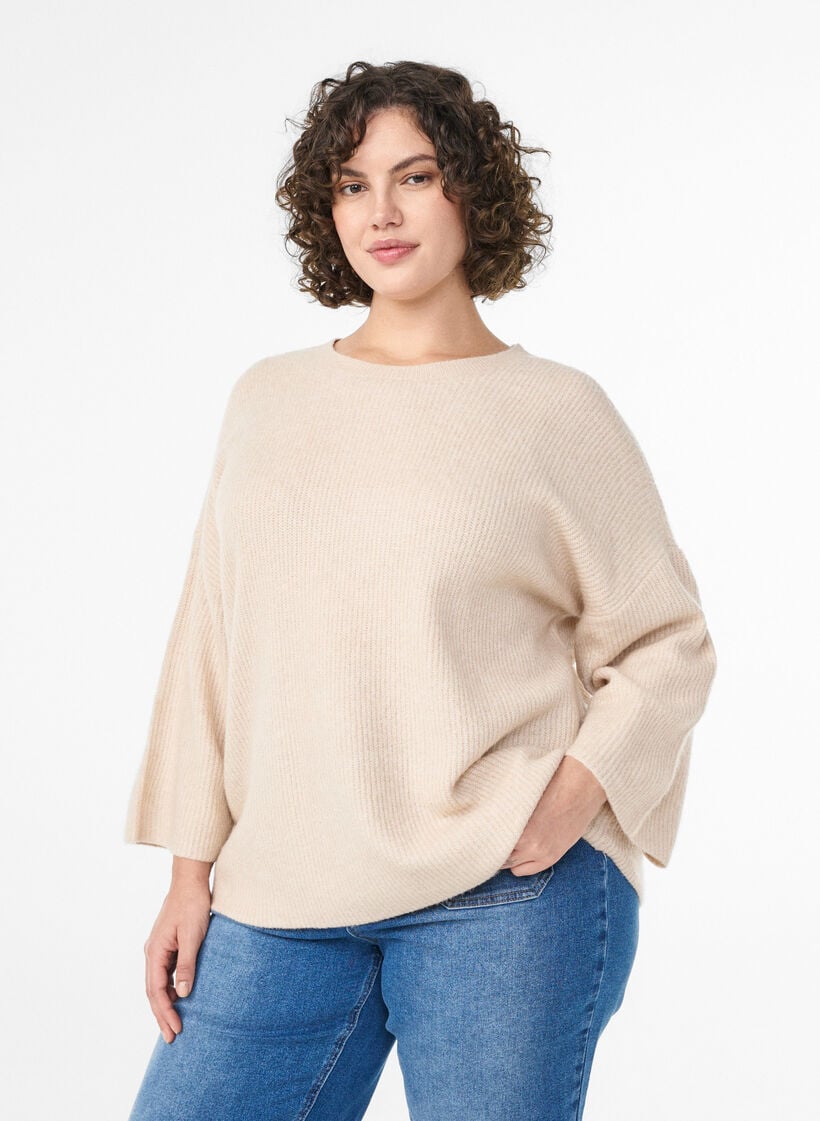 Løs strikk med 3/4-ermer, Beige, Model image number 0