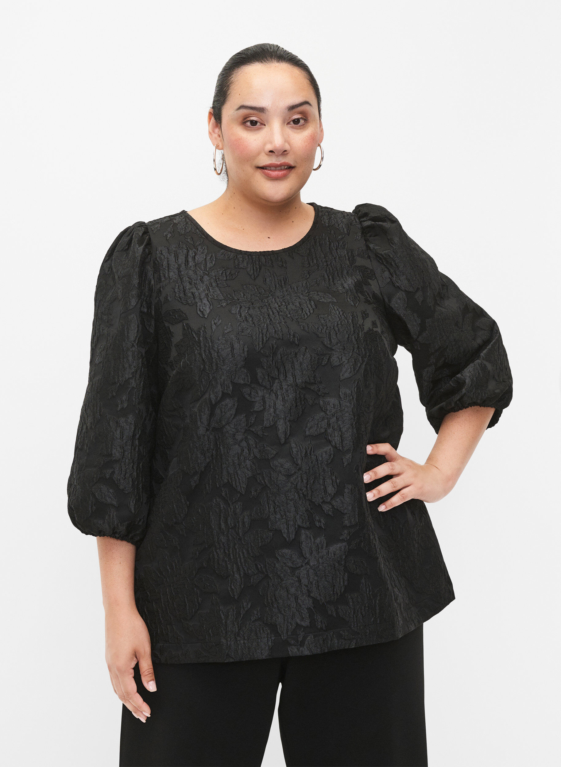 Jacquard-bluse med 3/4-ermer, Black, Model