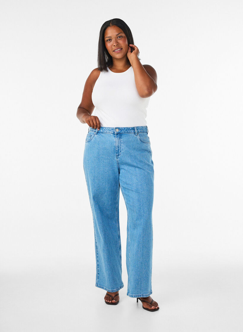 Jeans med vide ben og h&oslash;y midje, Bl&aring;, Model