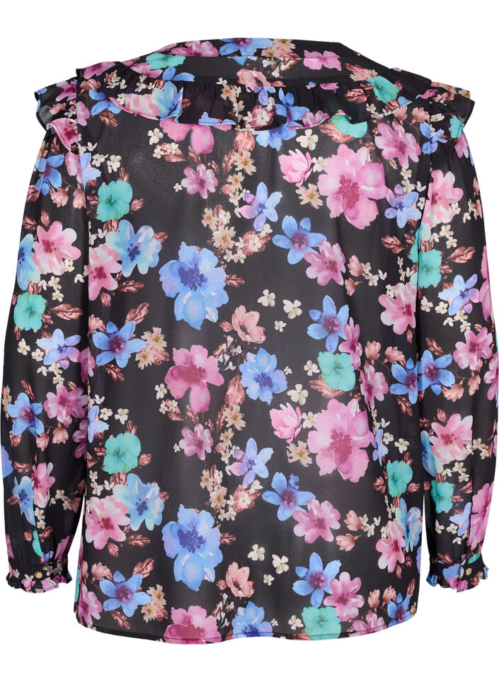 Blomstrete bluse med volanger, Bright Fall Print, Packshot image number 1