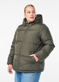 Kort pufferjakke med hette og toveis glidelås, Grå Kort pufferjakke med hette og toveis glidelås, Grå, Model
