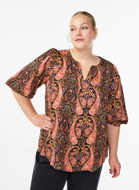 Bluse med paisleymønster og 3/4 ermer, Blå Bluse med paisleymønster og 3/4 ermer, Blå, Model