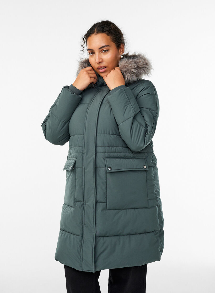 Vannavstøtende parkas med imitert pelskrage, Grønn, Model image number 0