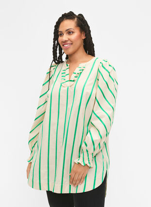 Stripete tunika i bomull med smock og volanger, Beige Green Stripe, Model image number 0