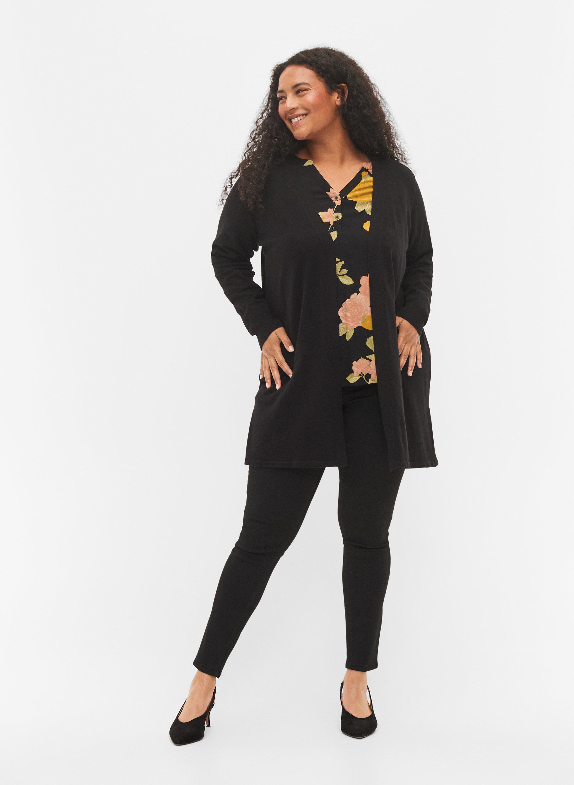 Zizzi Strikket cardigan med splitt og ribbekanter, Black, Model image number 2