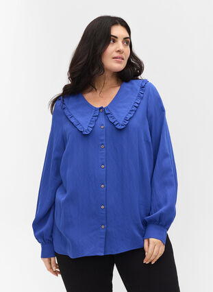 Viskoseskjorte med bred krage, Dazzling Blue, Model image number 0