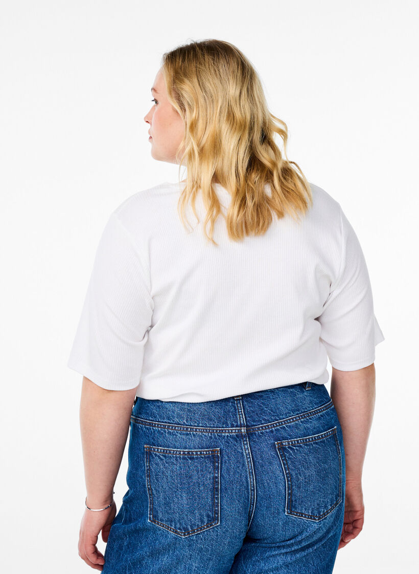 Ribbestrikket jerseybluse med korte ermer, Hvit, Model image number 2