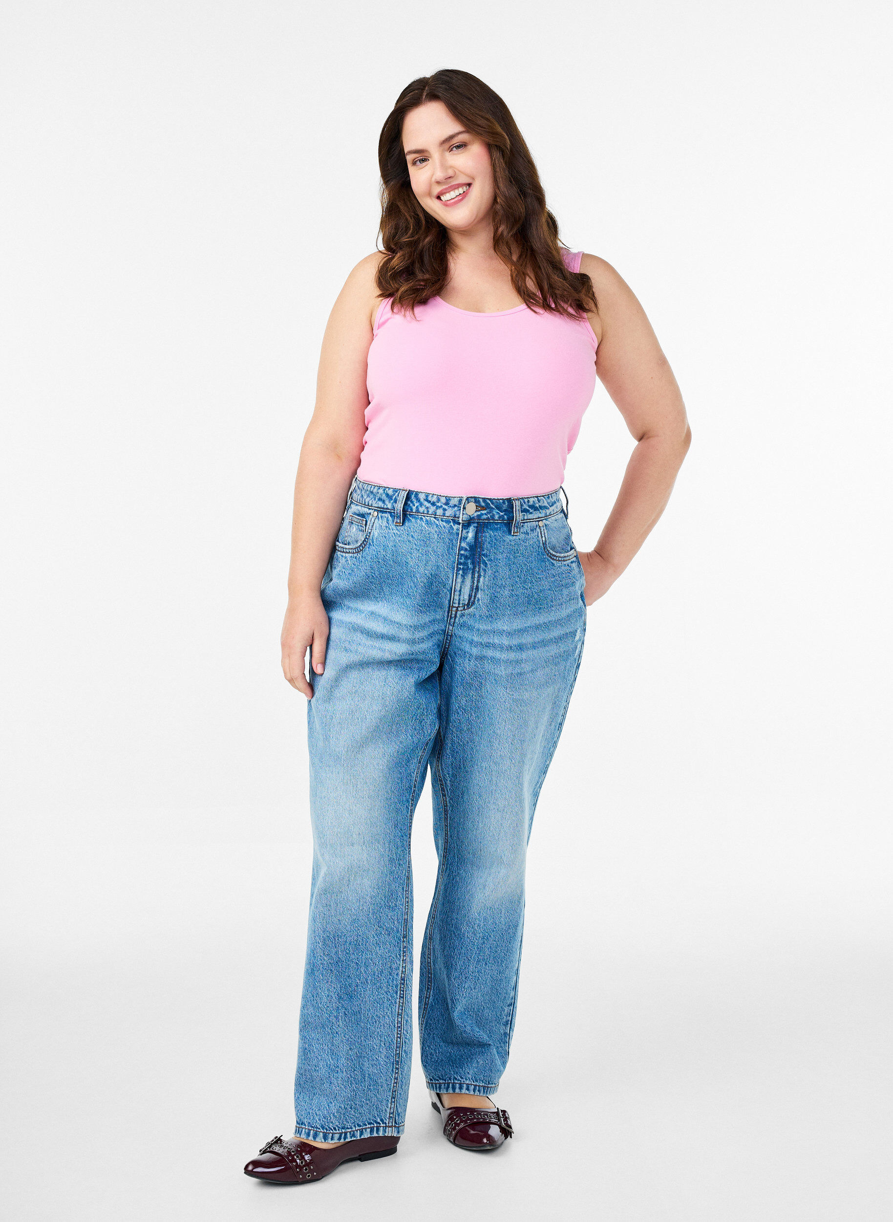 ZizziEnsfarget basic topp i bomull, Rosa, Model image number 1