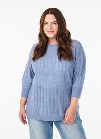 Løsstrikket bluse med 3/4 ermer og åpent mønster, Blå Løsstrikket bluse med 3/4 ermer og åpent mønster, Blå, Model