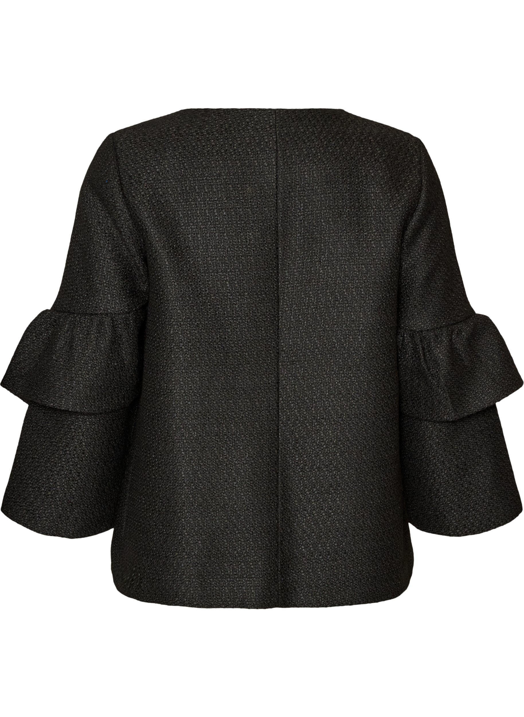ZizziBoucl&eacute; jakke med rysjedetaljer, Svart, Packshot image number 1