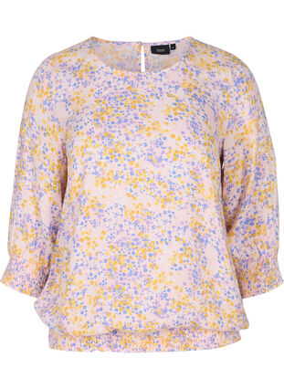 Blomstrete viskosebluse med smock og 3/4-ermer, Rose Ditsy AOP, Packshot image number 0