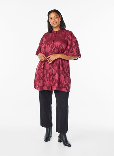 Zizzi Kort A-formet kjole med blomstertrykk, Mørk Bordeaux, Model image number 1