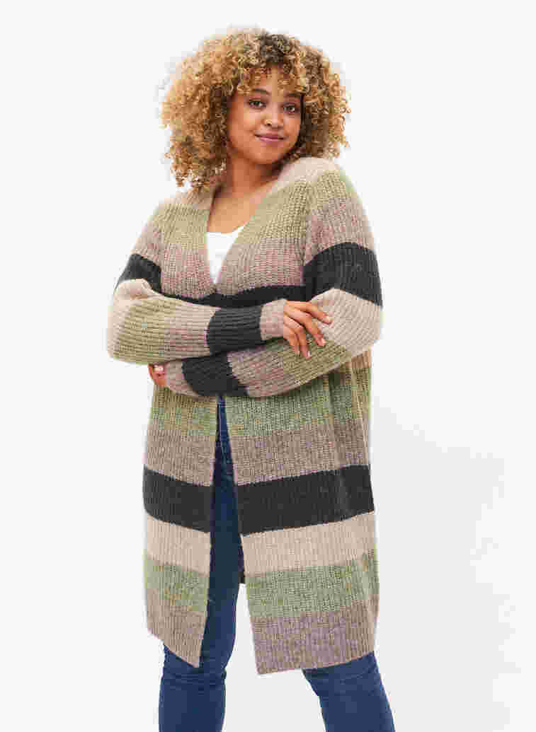 Lang strikket cardigan med striper, Forest Night Comb, Model