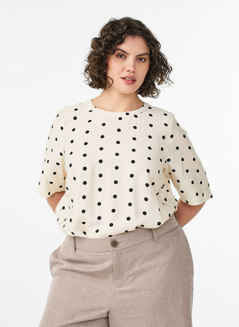 Viskose bluse med flekker og 1/2 ermer, Vanilje, Model image number 0
