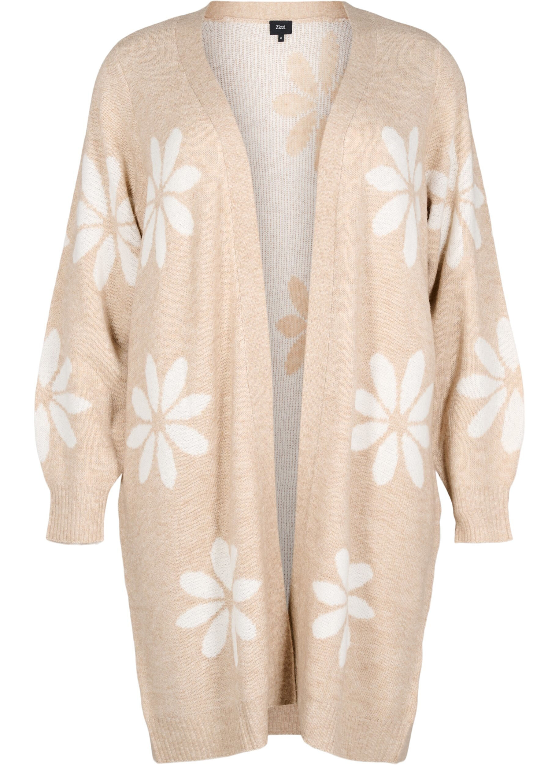 Zizzi Lang strikket cardigan med blomster, Simply Taupe Comb, Packshot image number 0