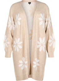 Lang strikket cardigan med blomster, Simply Taupe Comb