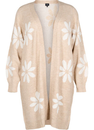 Zizzi Lang strikket cardigan med blomster, Simply Taupe Comb, Packshot image number 0