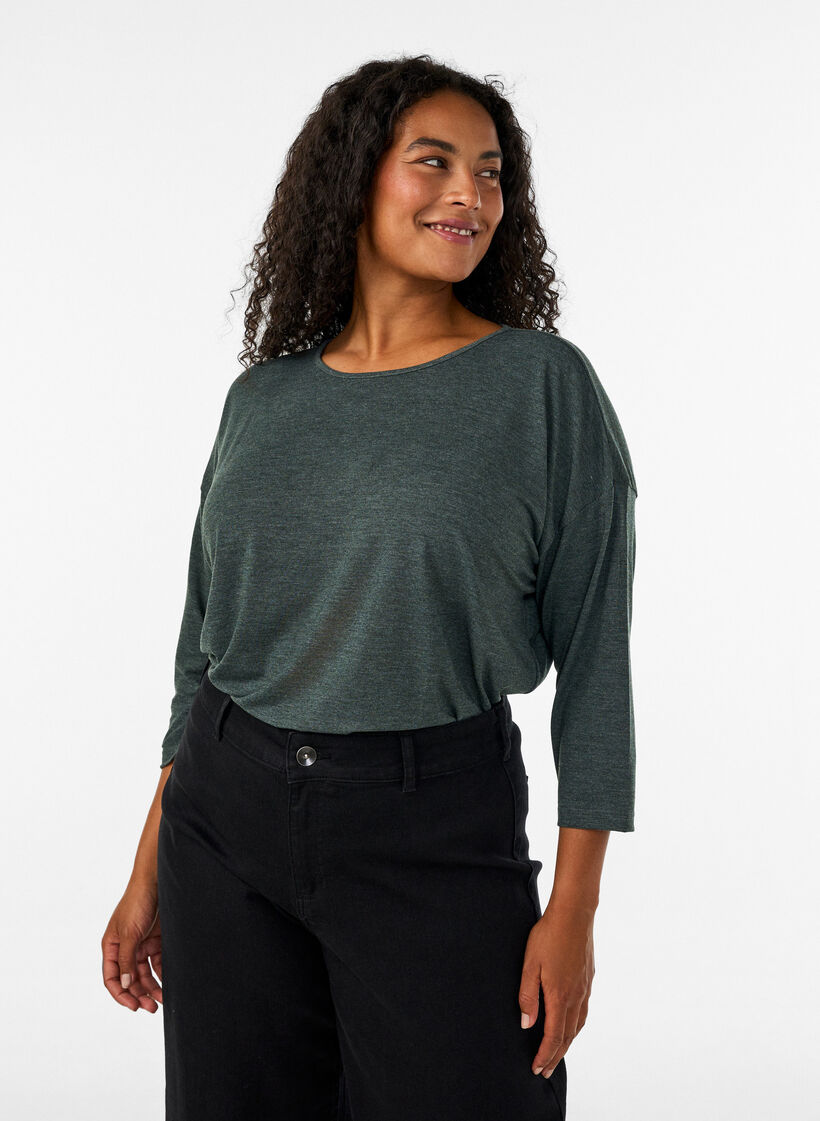 Jersey bluse med 3/4 ermer, Gr&oslash;nn, Model image number 0