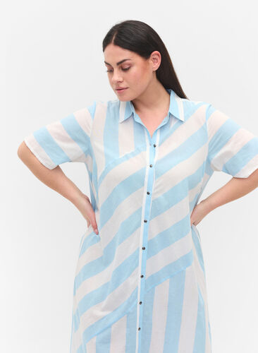 Kortermet skjortekjole i bomull med striper, Blue Bell Stripe, Model image number 1