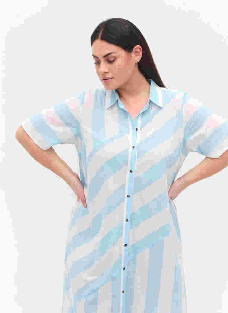 Kortermet skjortekjole i bomull med striper, Blue Bell Stripe, Model image number 1