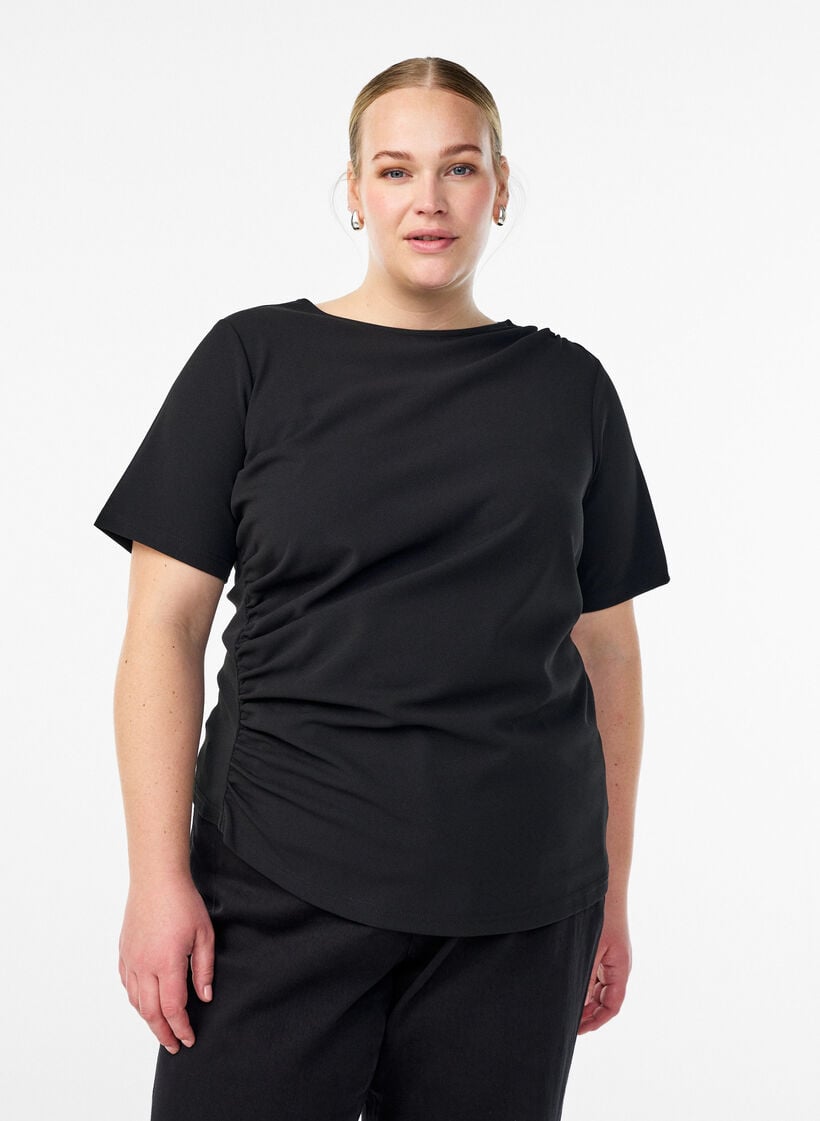 Kortermet bluse med rynking og asymmetrisk fold, Svart, Model image number 0
