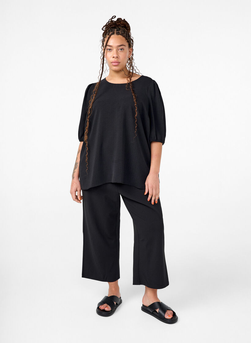Kortermet bluse med sløyfe bak på ryggen, Black, Model image number 3