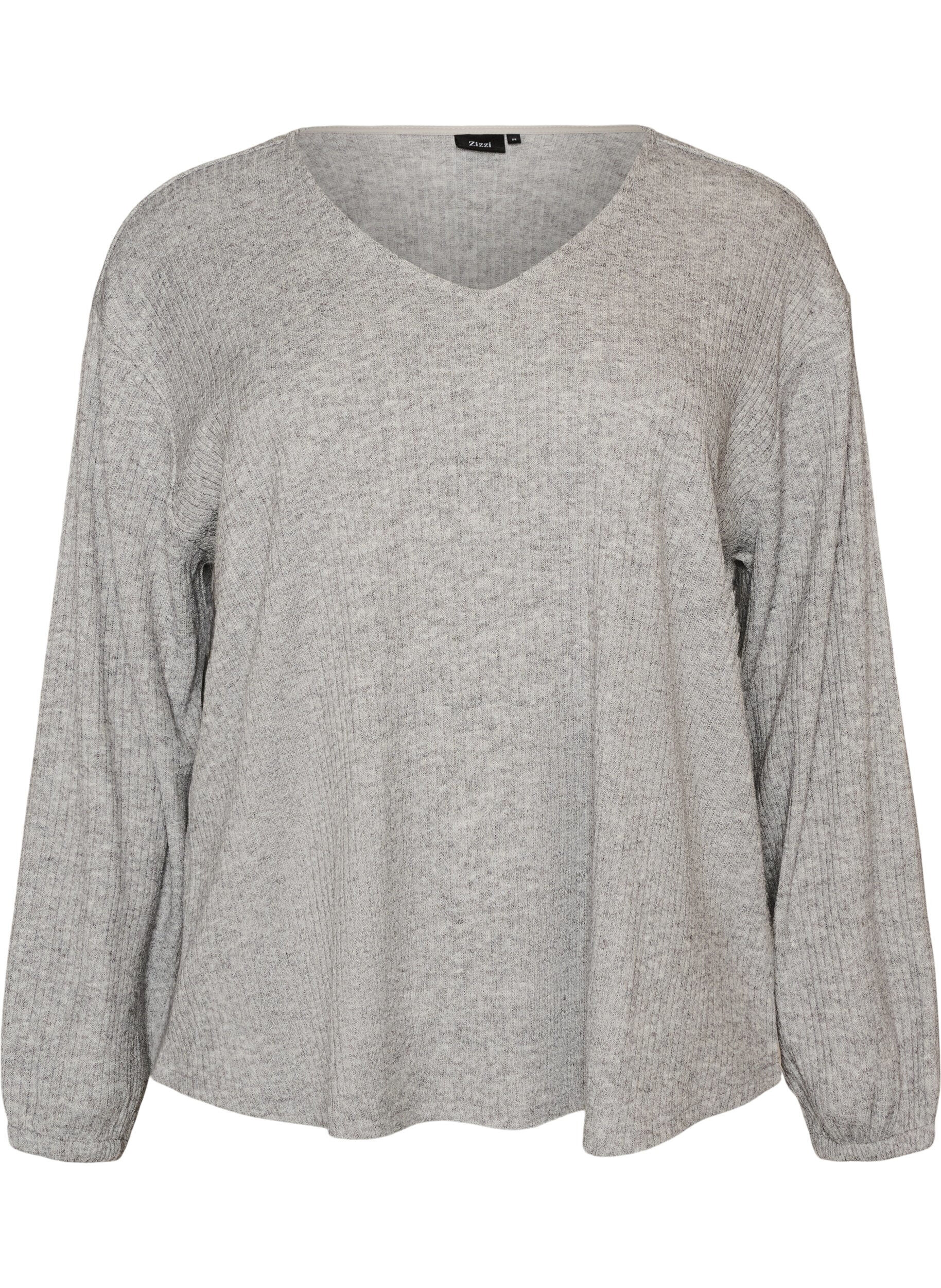 ZizziBluse i jersey med ribbet tekstur og V-hals, Gr&aring;, Packshot image number 0