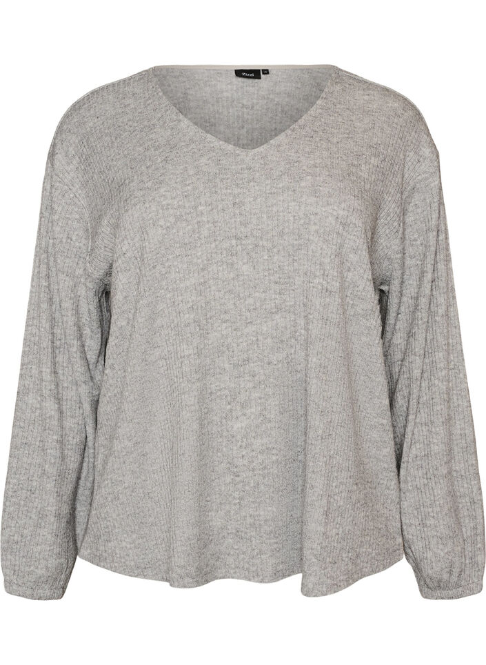 Bluse i jersey med ribbet tekstur og V-hals, Gr&aring;, Packshot image number 0