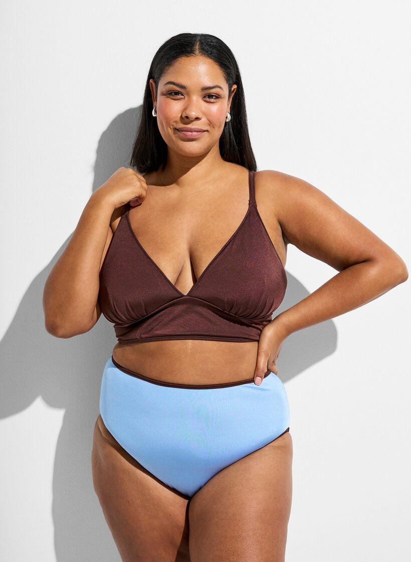 Vendbar bikinioverdel med V-hals og kryssende stropper p&aring; ryggen, Brun, Model image number 1