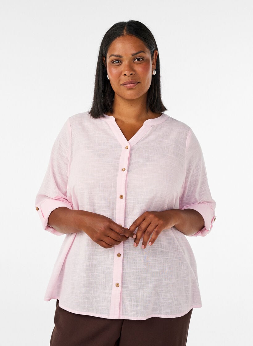 Bomullsbluse med V-hals, Rosa, Model image number 0