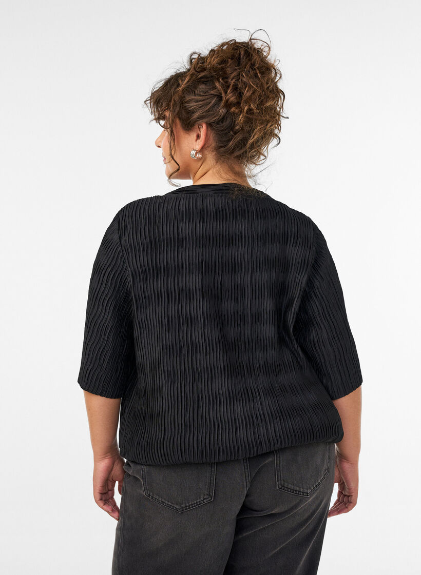 Bluse med b&oslash;lget tekstur og ballongfasong, Svart, Model image number 2