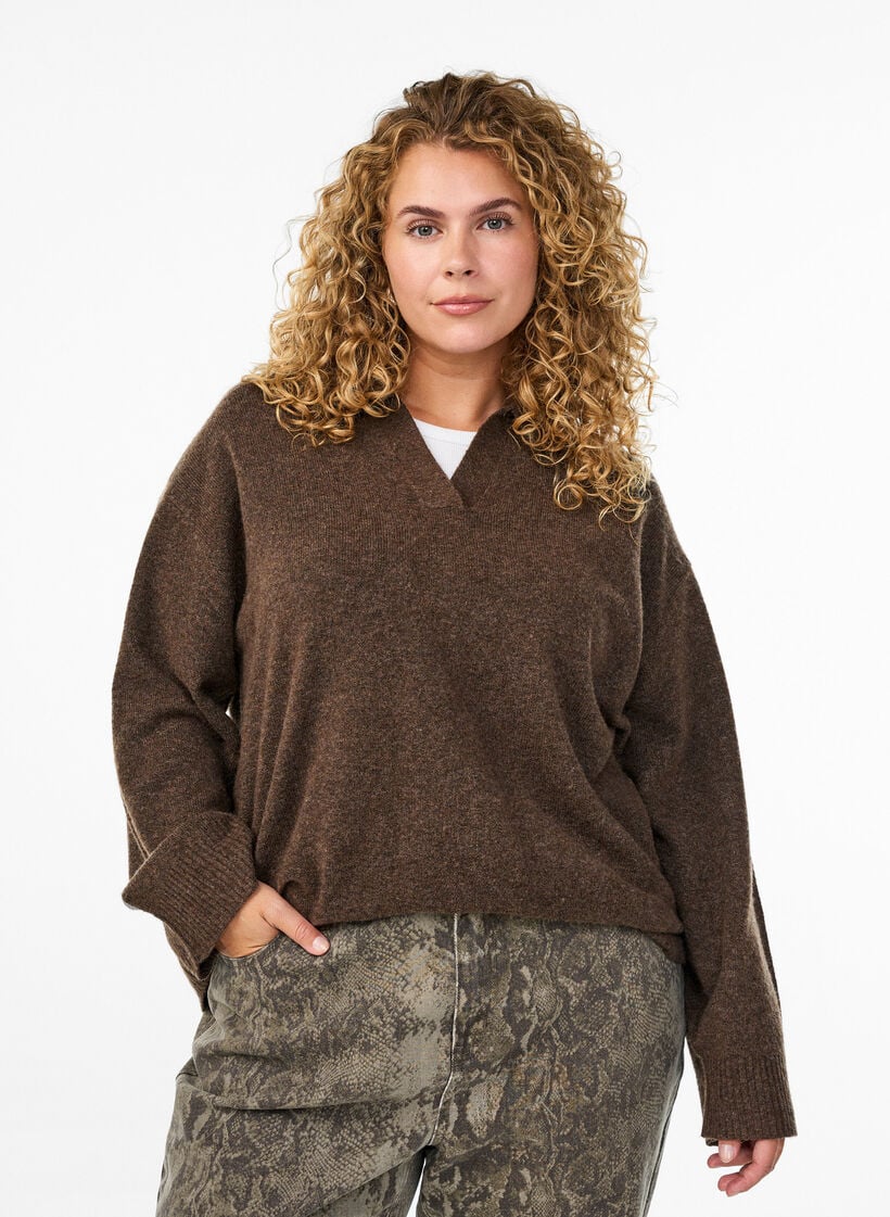 Strikket bluse med krage og V-hals, Rain Drum Mel., Model