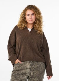 Strikket bluse med krage og V-hals, Brun Strikket bluse med krage og V-hals, Brun, Model