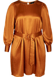 Skinnende kjole med belte og puffermer, Buckthorn Brown