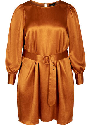 Skinnende kjole med belte og puffermer, Buckthorn Brown, Packshot image number 0