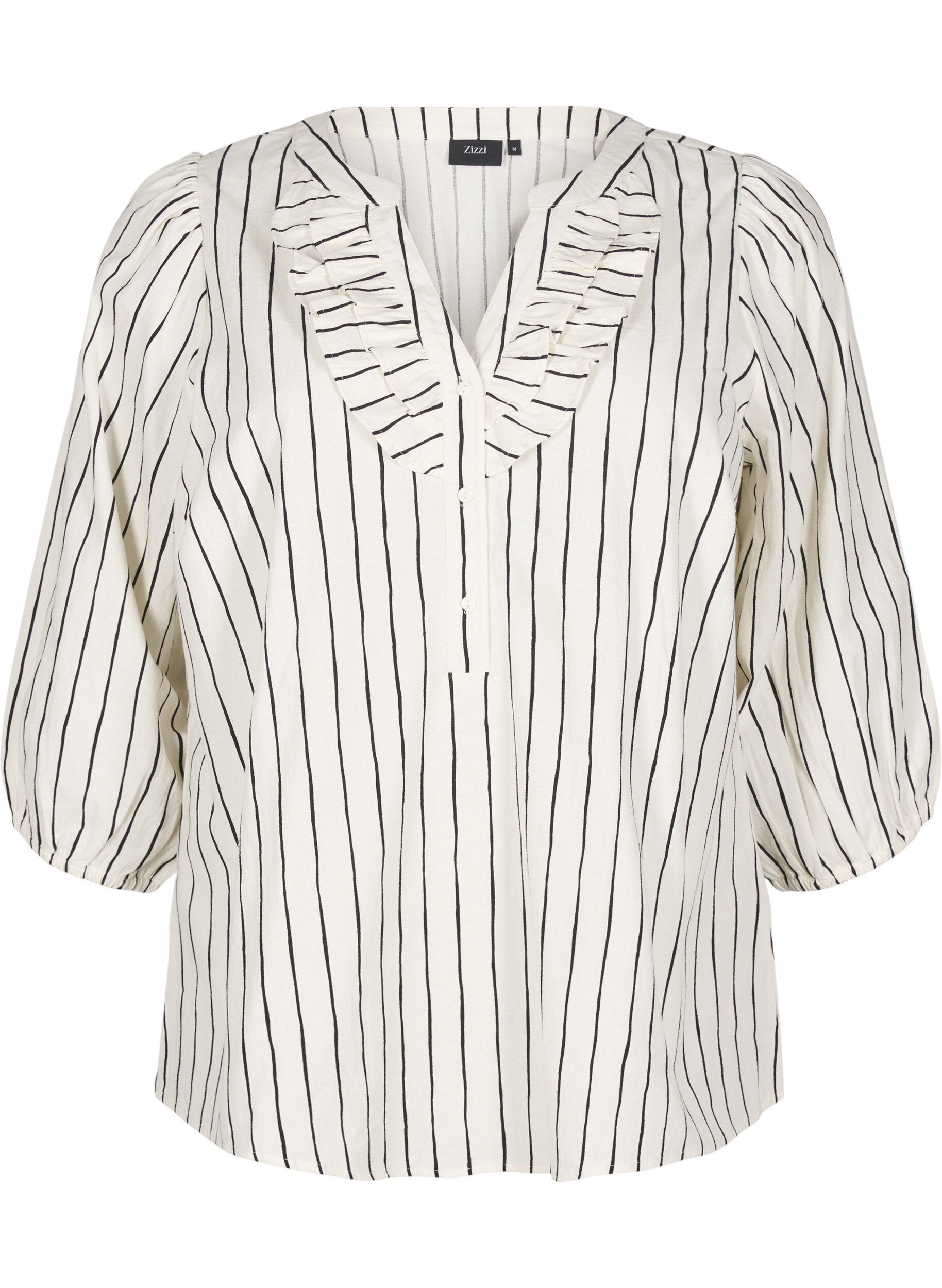 Zizzi 3/4 ermet bomullsbluse med striper, Eggnog Black Stripe, Packshot image number 0