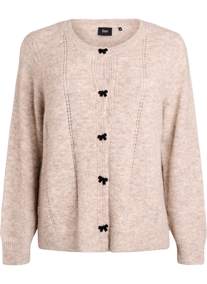 Cardigan med sløyfeknapper og hullmønster, Beige, Packshot image number 0