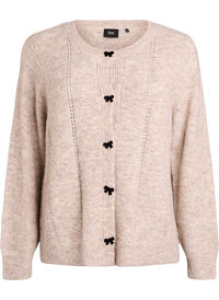 Cardigan med sløyfeknapper og hullmønster, Beige Cardigan med sløyfeknapper og hullmønster