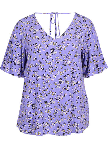 Blomstrete viskosebluse med snøredetalj, Lilac Flower Print, Packshot image number 0